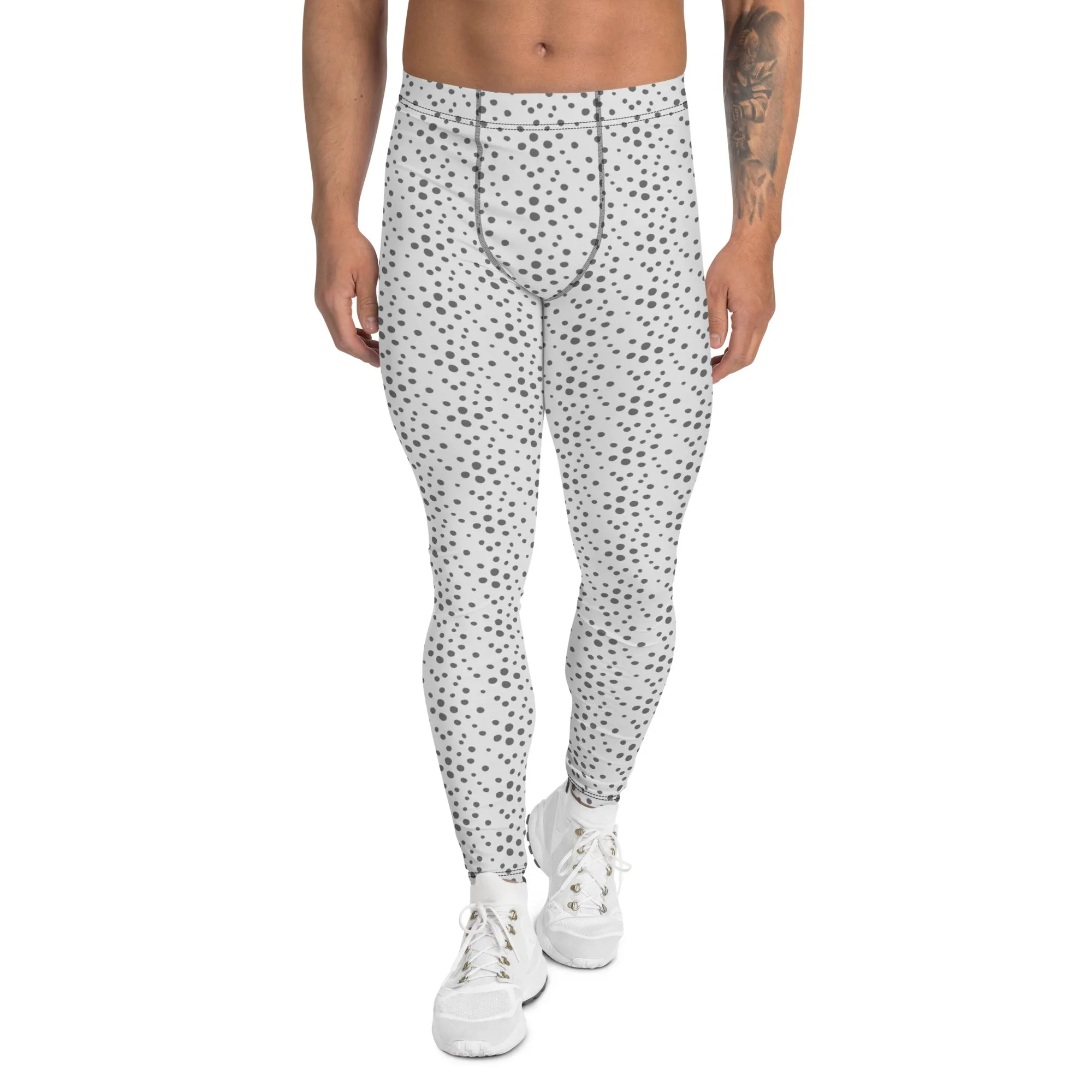 Grey Dotted Men's Leggings, Dots Pattern Designer Running Compression Tights For Men - Made in USA/EU/MX