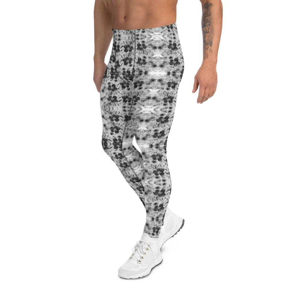 Grey Floral Men's Leggings, Best Rose Flower Print Meggings Compression Running Tights