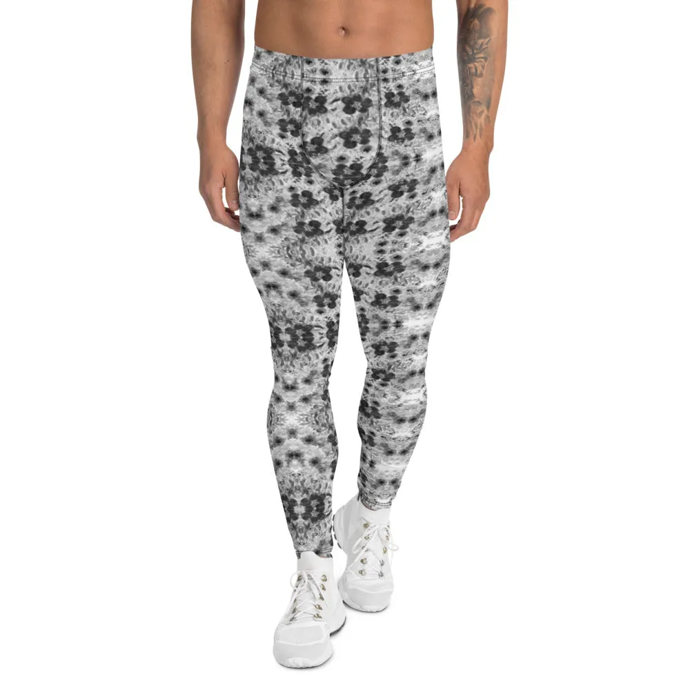 Grey Floral Men's Leggings, Best Rose Flower Print Meggings Compression Running Tights