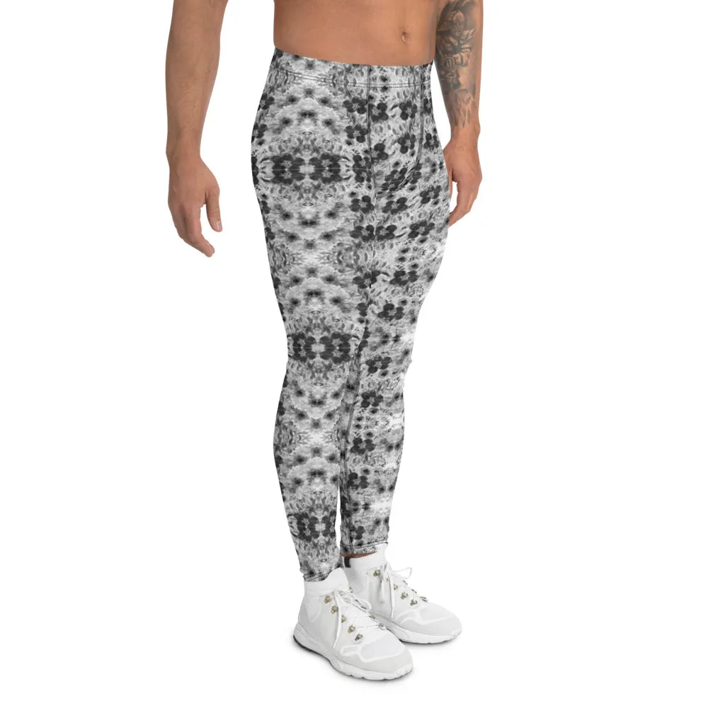 Grey Floral Men's Leggings, Best Rose Flower Print Meggings Compression Running Tights