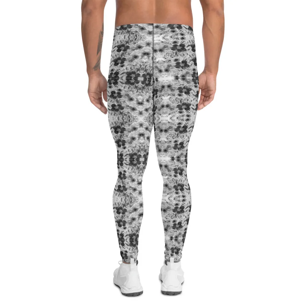 Grey Floral Men's Leggings, Best Rose Flower Print Meggings Compression Running Tights