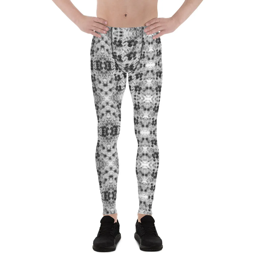 Grey Floral Men's Leggings, Best Rose Flower Print Meggings Compression Running Tights