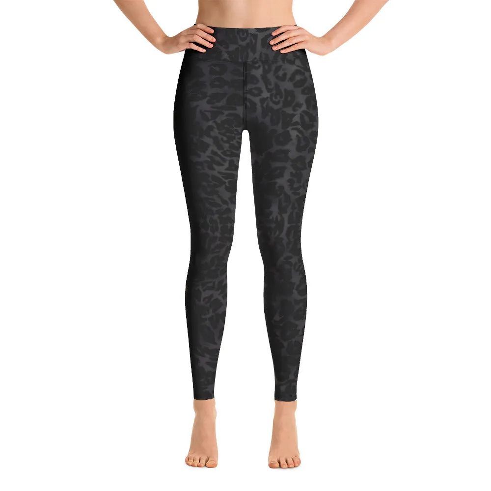 Grey Leopard Print Yoga Leggings, Animal Print Black Long Compression Tights-Made in USA/EU