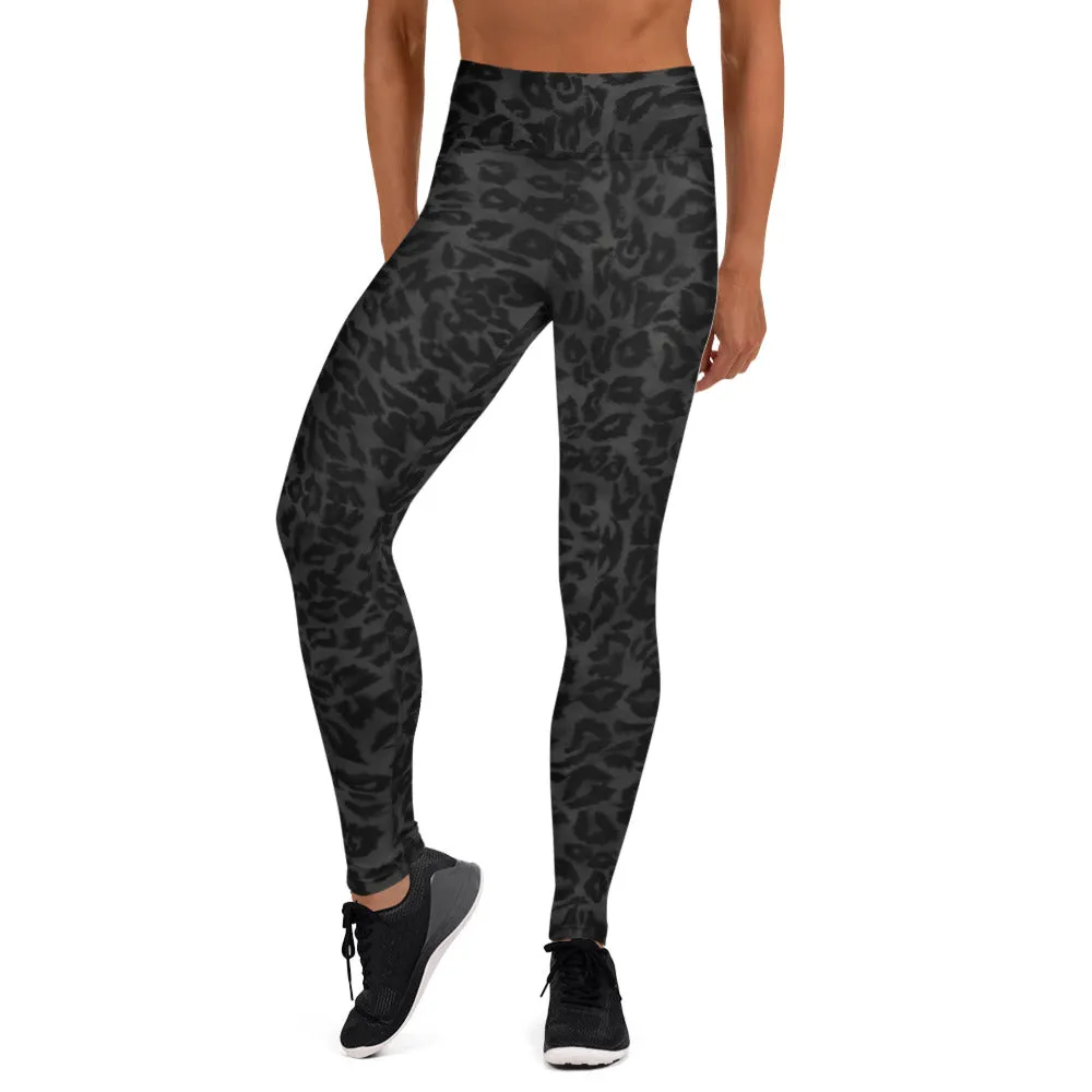 Grey Leopard Print Yoga Leggings, Animal Print Black Long Compression Tights-Made in USA/EU