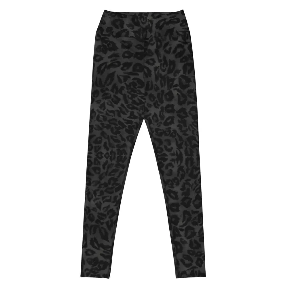 Grey Leopard Print Yoga Leggings, Animal Print Black Long Compression Tights-Made in USA/EU