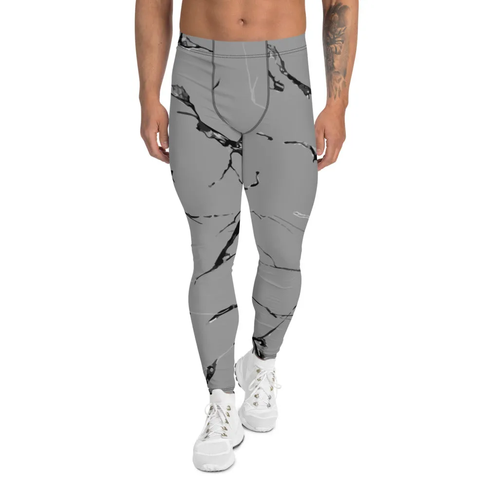 Grey Marble Print Men's Leggings, Marbled Printed Meggings Compression Tights-Made in USA/EU