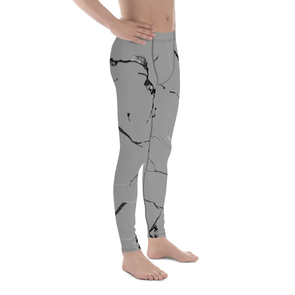 Grey Marble Print Men's Leggings, Marbled Printed Meggings Compression Tights-Made in USA/EU