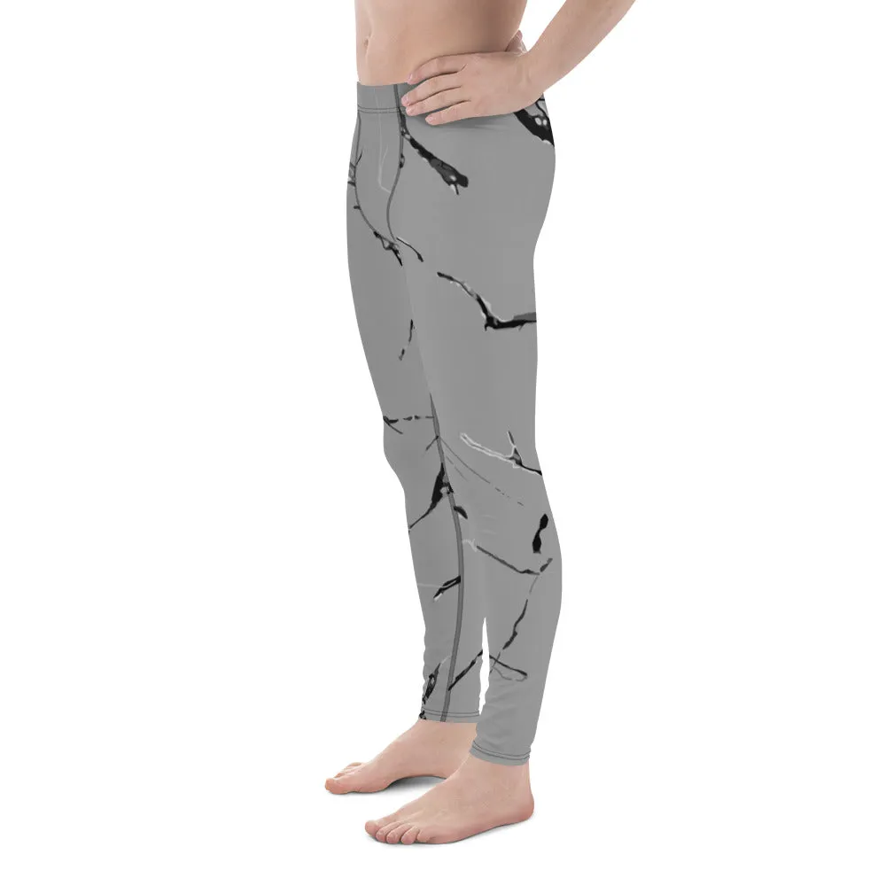 Grey Marble Print Men's Leggings, Marbled Printed Meggings Compression Tights-Made in USA/EU