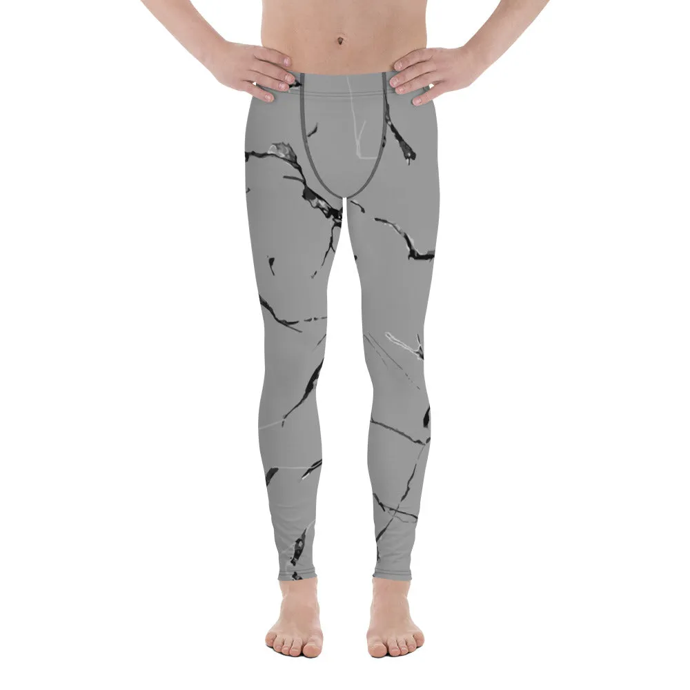 Grey Marble Print Men's Leggings, Marbled Printed Meggings Compression Tights-Made in USA/EU