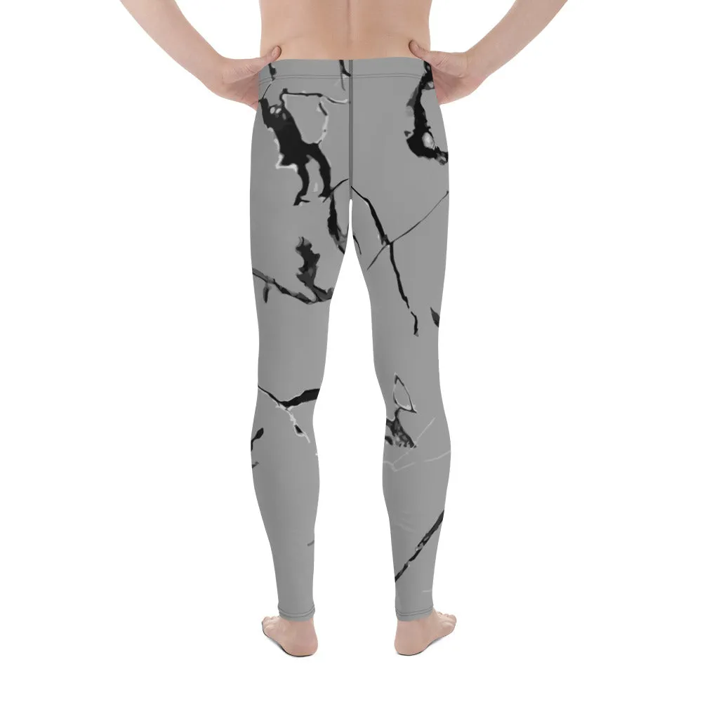 Grey Marble Print Men's Leggings, Marbled Printed Meggings Compression Tights-Made in USA/EU