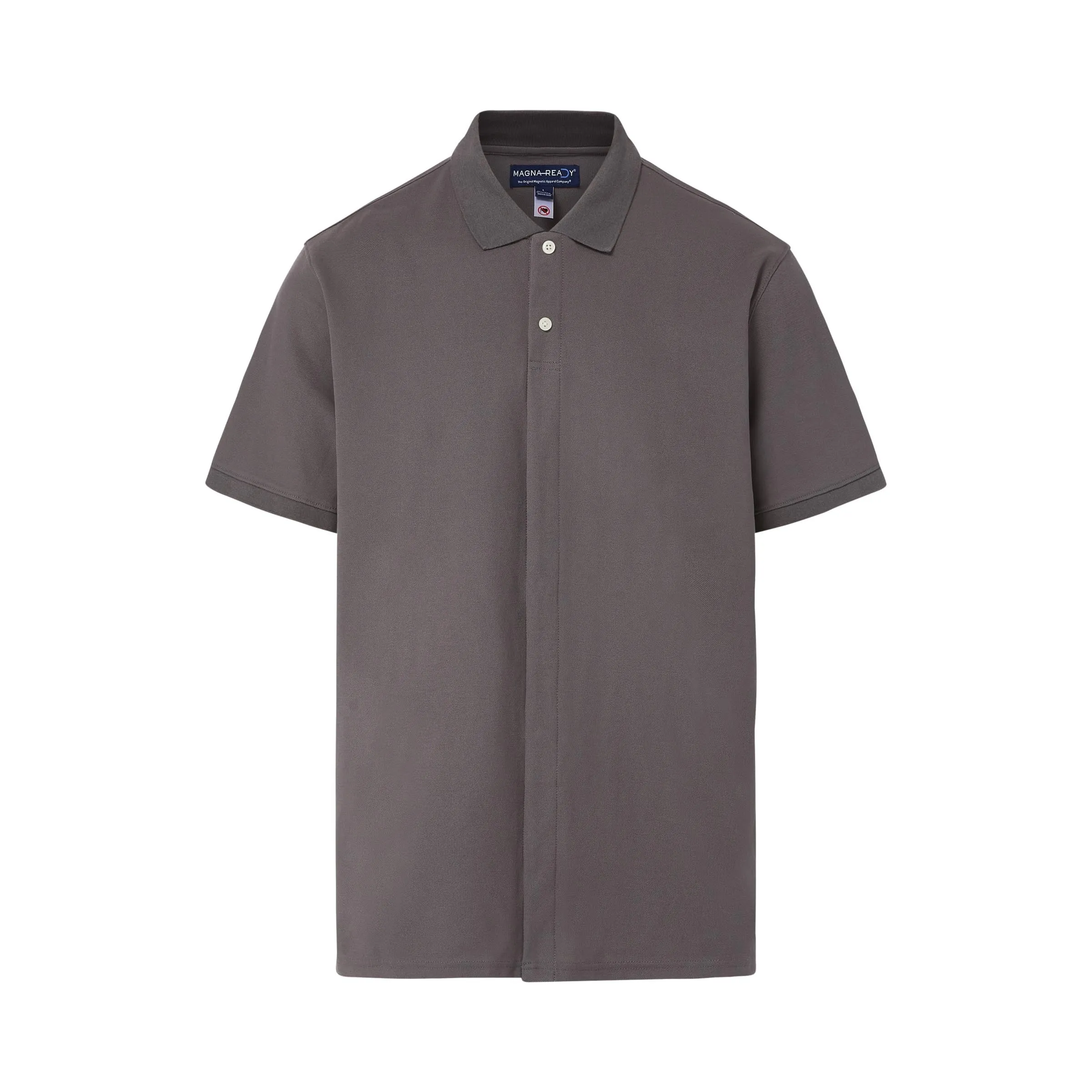 Grey Pique Knit Short Sleeve Polo with Magnetic Closures