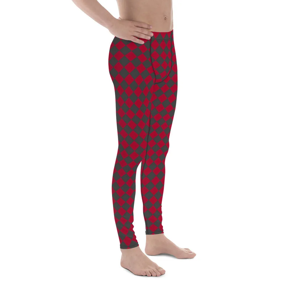 Grey Red Checkered Men's Leggings, Check Pants Men, Men's Plaid Pants, Checkered Pants - Made in USA/EU/MX