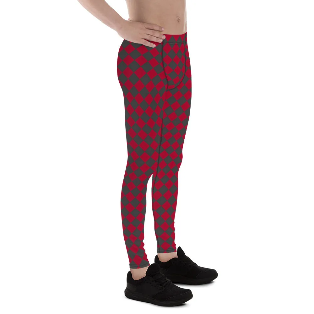 Grey Red Checkered Men's Leggings, Check Pants Men, Men's Plaid Pants, Checkered Pants - Made in USA/EU/MX