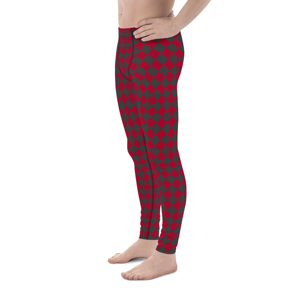 Grey Red Checkered Men's Leggings, Check Pants Men, Men's Plaid Pants, Checkered Pants - Made in USA/EU/MX