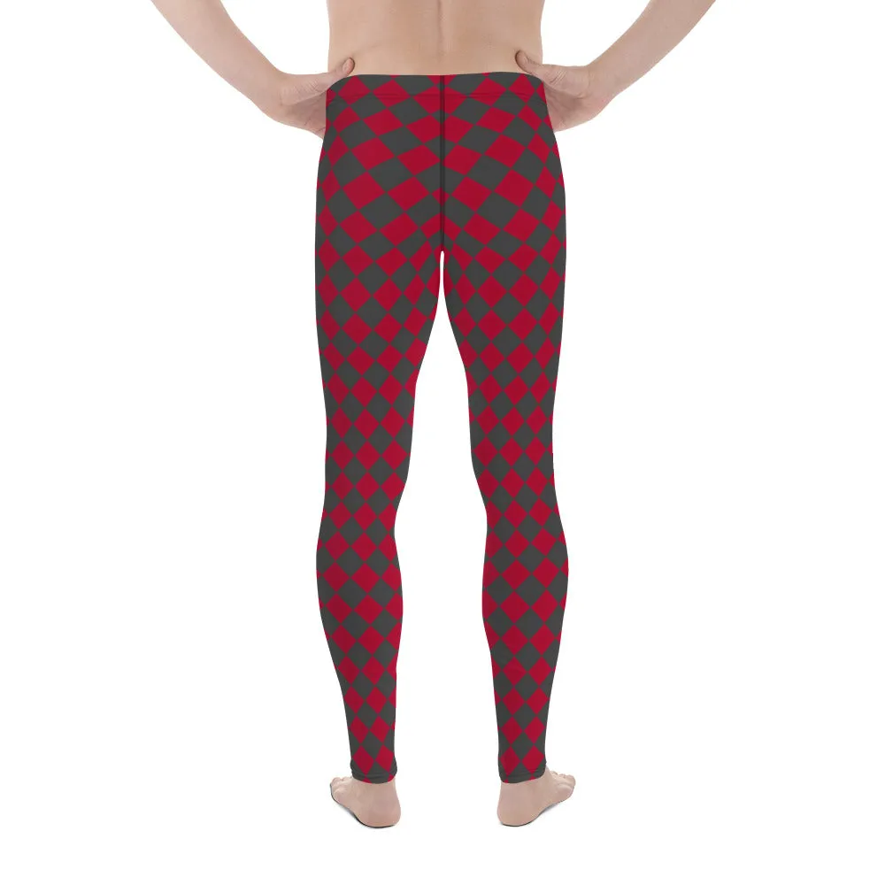 Grey Red Checkered Men's Leggings, Check Pants Men, Men's Plaid Pants, Checkered Pants - Made in USA/EU/MX