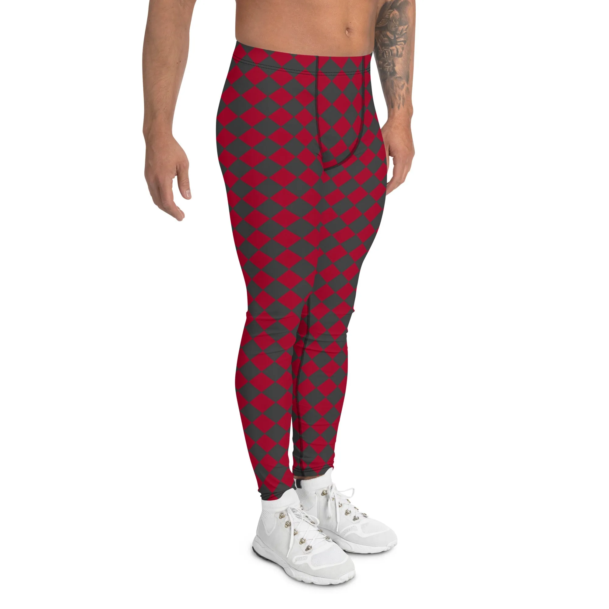 Grey Red Checkered Men's Leggings, Check Pants Men, Men's Plaid Pants, Checkered Pants - Made in USA/EU/MX