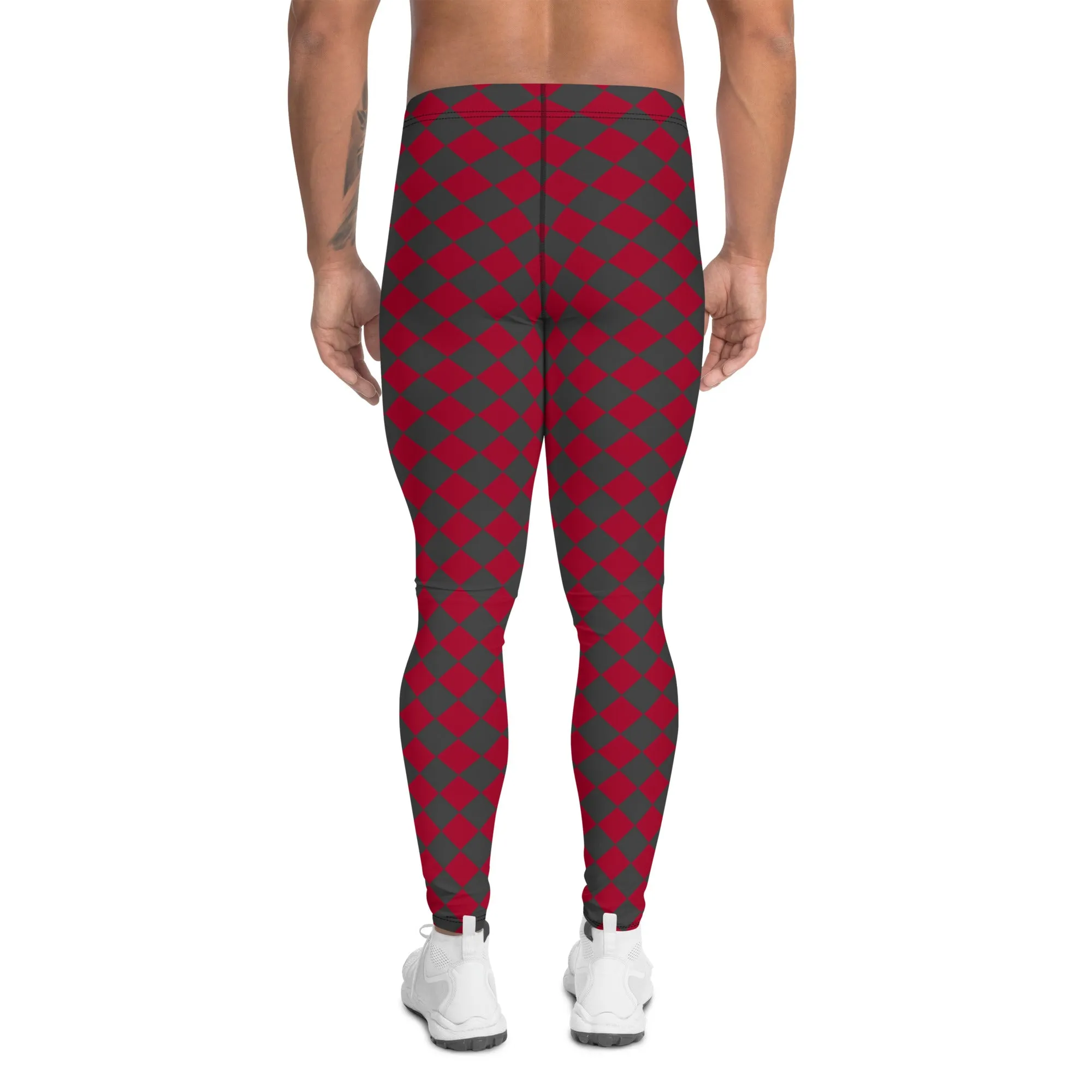 Grey Red Checkered Men's Leggings, Check Pants Men, Men's Plaid Pants, Checkered Pants - Made in USA/EU/MX