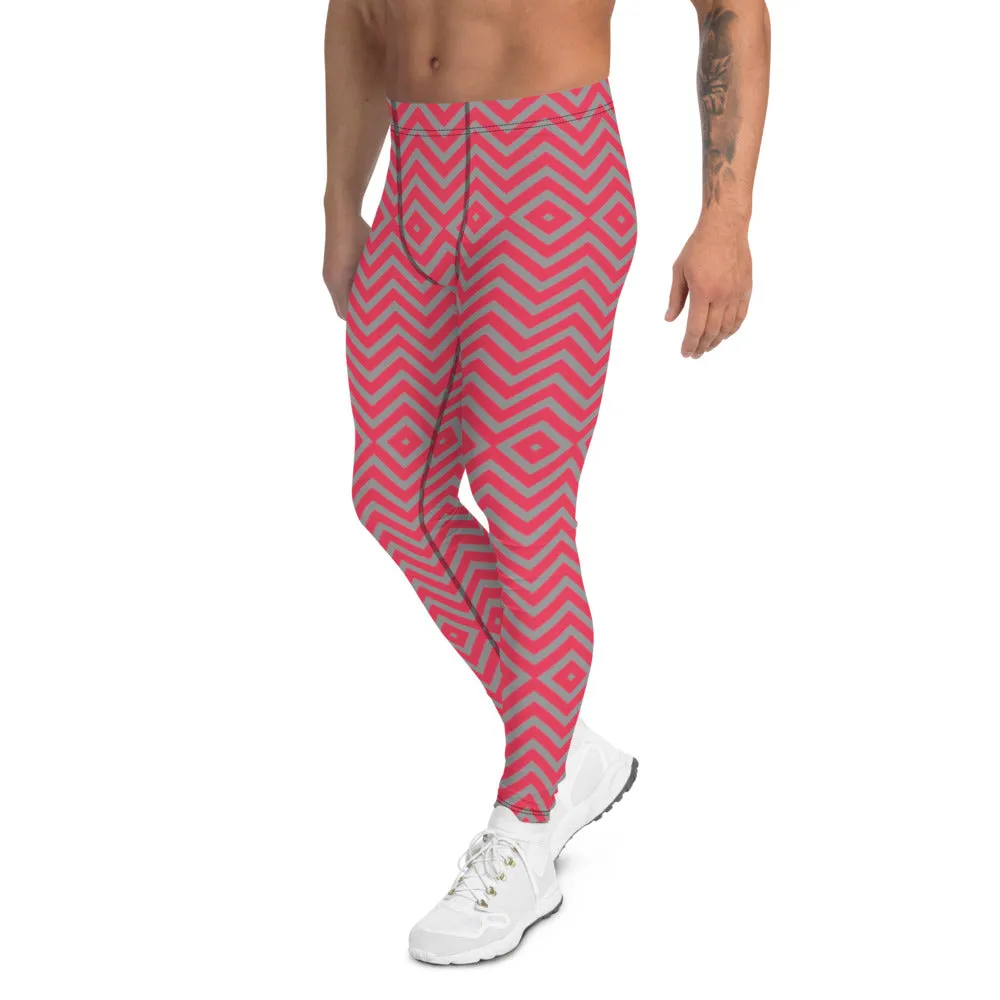 Grey Red Chevron Men's Leggings, Retro Style Meggings Compression Tights For Men - Made in USA/EU/MX