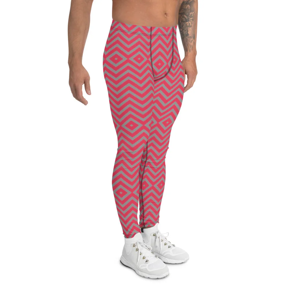 Grey Red Chevron Men's Leggings, Retro Style Meggings Compression Tights For Men - Made in USA/EU/MX