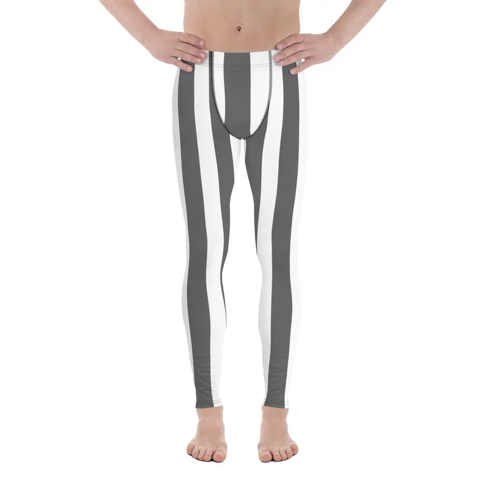 Grey White Stripes Men's Leggings, Vertically Striped Meggings Running Tights-Made in USA/EU/MX