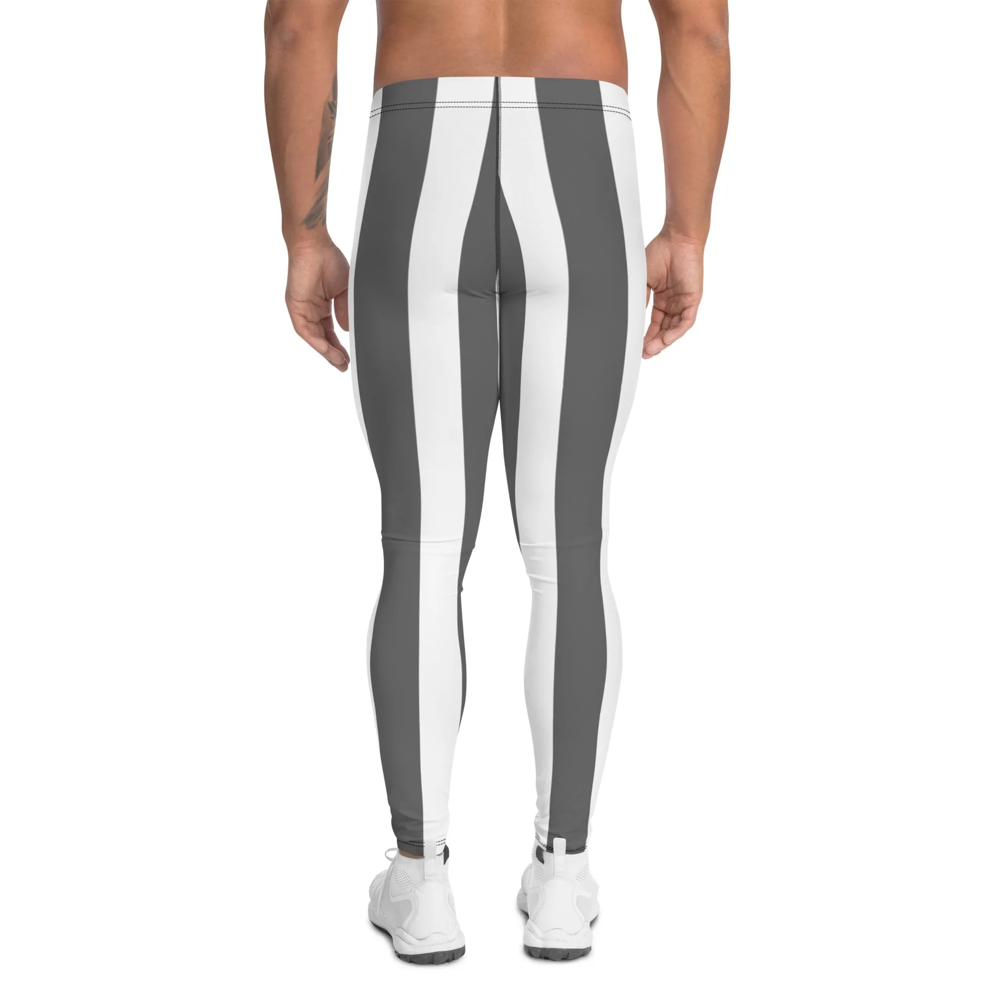 Grey White Stripes Men's Leggings, Vertically Striped Meggings Running Tights-Made in USA/EU/MX