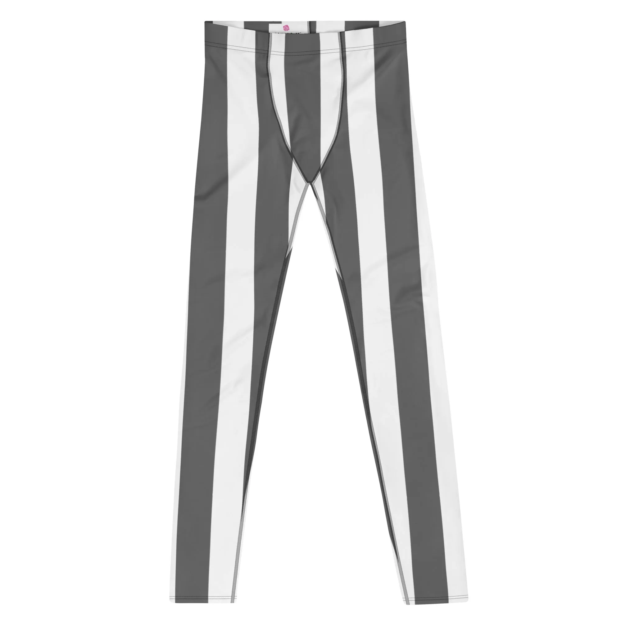 Grey White Stripes Men's Leggings, Vertically Striped Meggings Running Tights-Made in USA/EU/MX