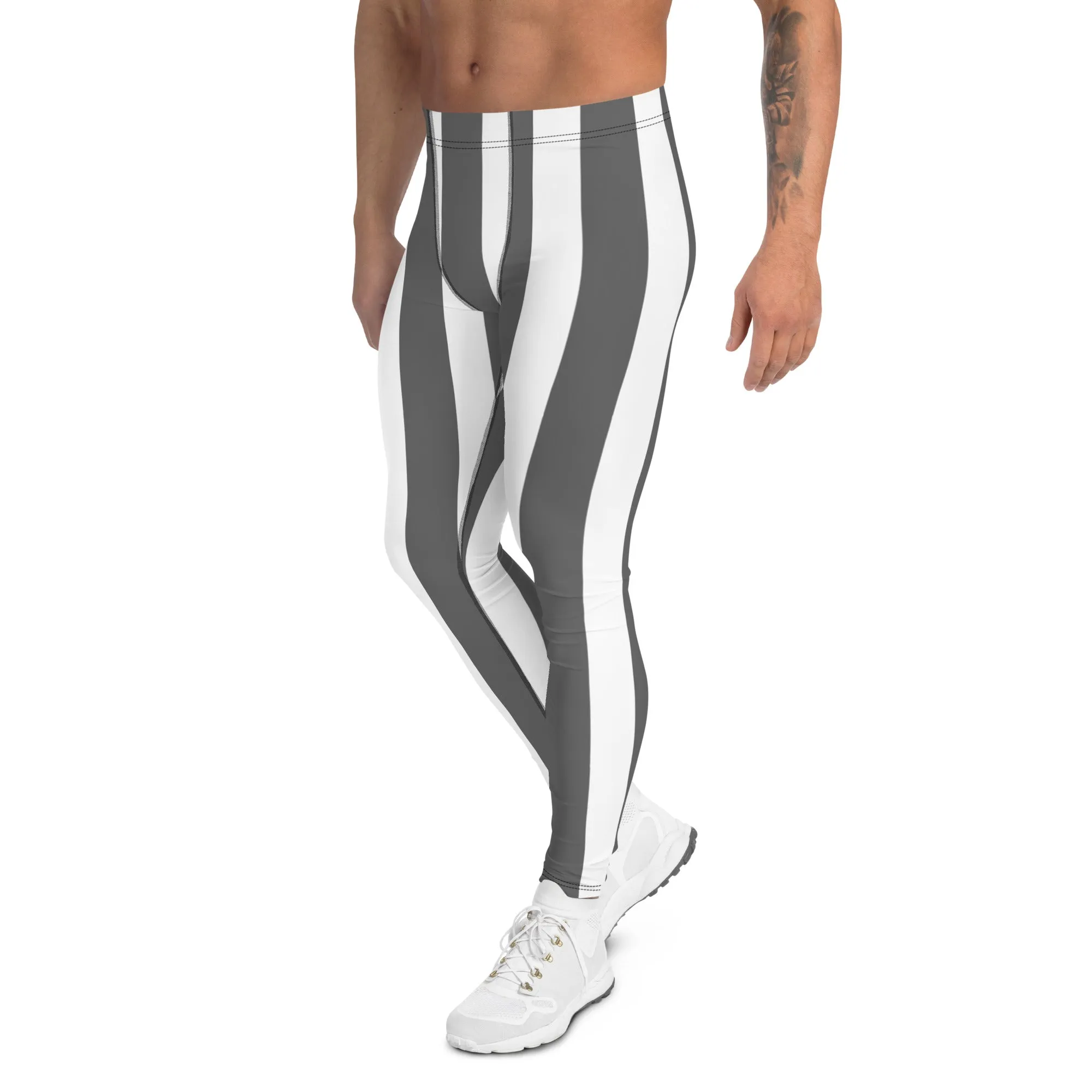 Grey White Stripes Men's Leggings, Vertically Striped Meggings Running Tights-Made in USA/EU/MX