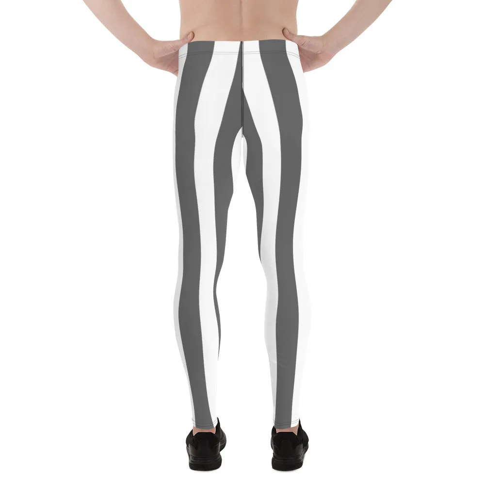 Grey White Stripes Men's Leggings, Vertically Striped Meggings Running Tights-Made in USA/EU/MX