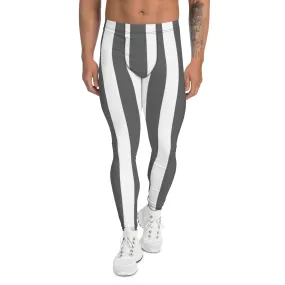 Grey White Stripes Men's Leggings, Vertically Striped Meggings Running Tights-Made in USA/EU/MX