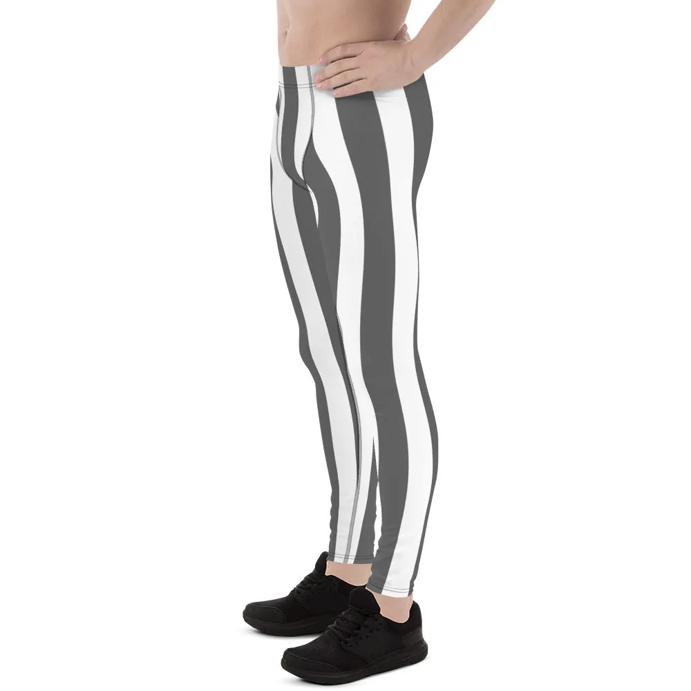 Grey White Stripes Men's Leggings, Vertically Striped Meggings Running Tights-Made in USA/EU/MX