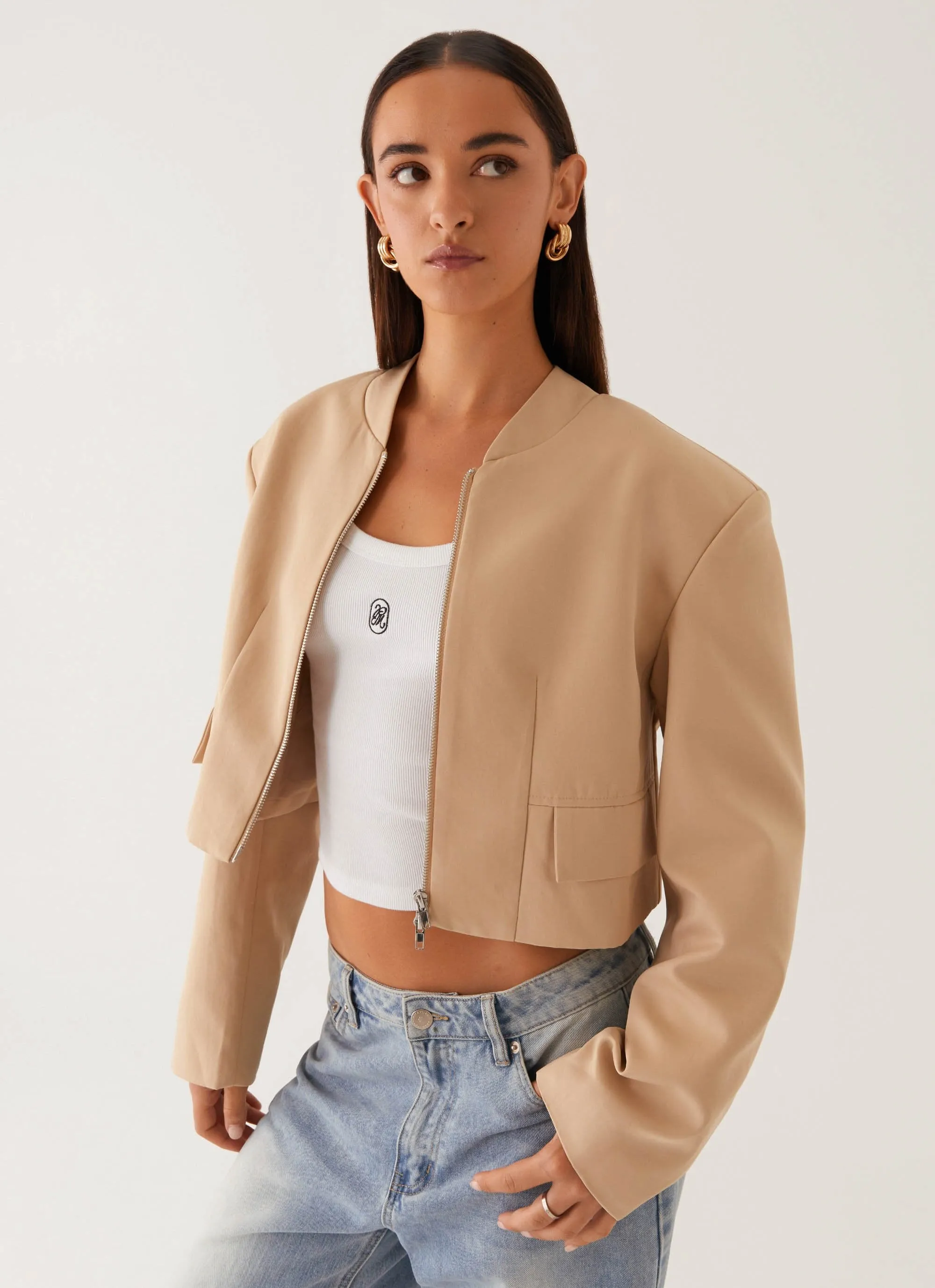 Halyn Cropped Bomber Jacket - Brown