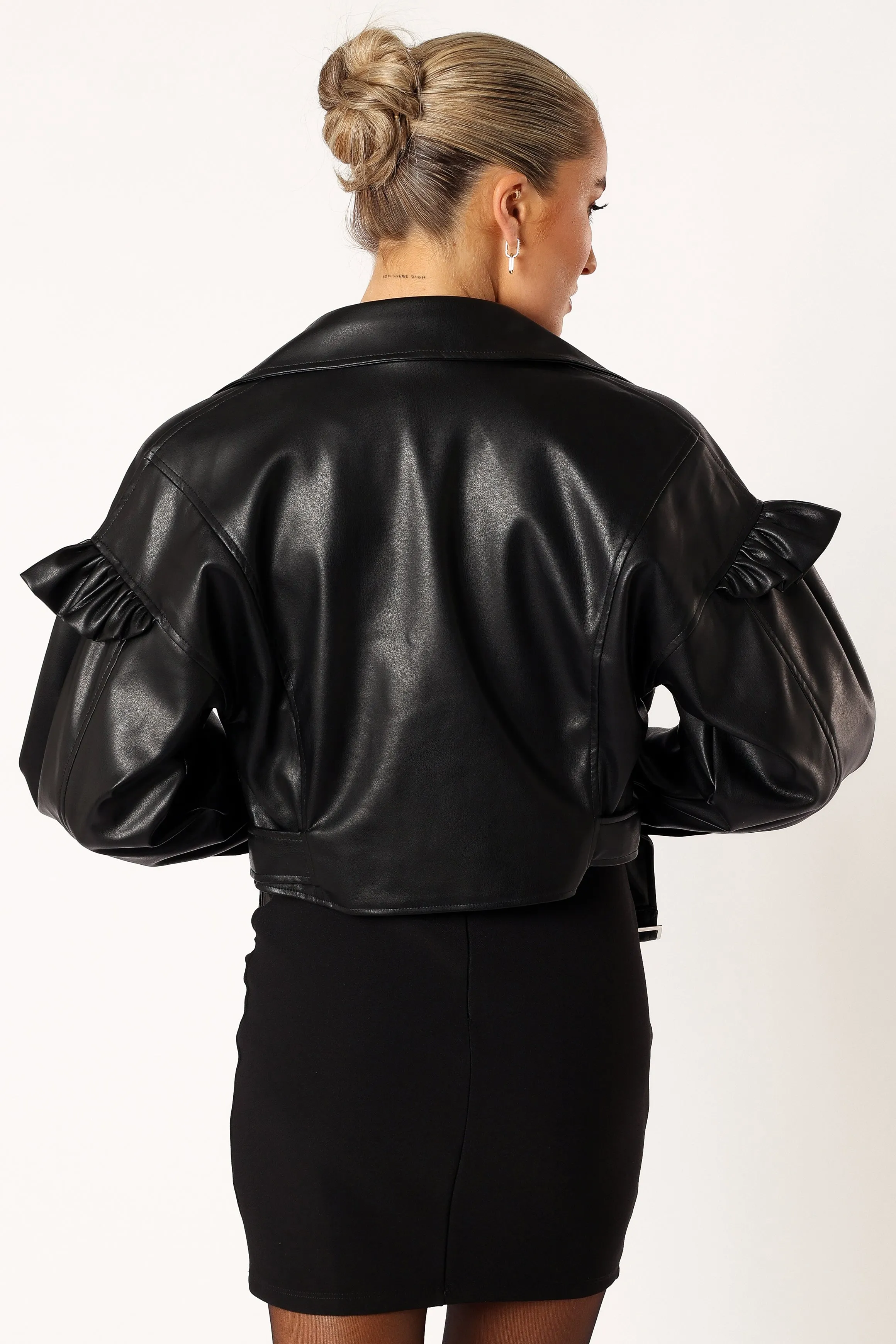 Hanna Ruffle Sleeve Faux Leather Jacket - Black