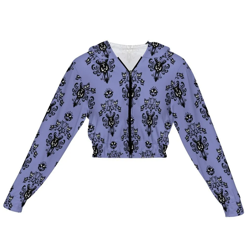 Haunted Mansion Wallpaper Women's Cropped Zipper Jacket