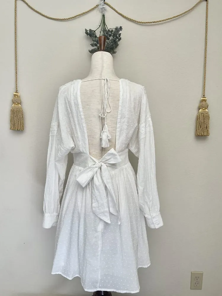 Historically Inspired White Bishop Sleeve Dress with Crochet Lace Details - Size M