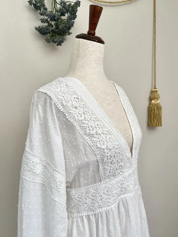 Historically Inspired White Bishop Sleeve Dress with Crochet Lace Details - Size M