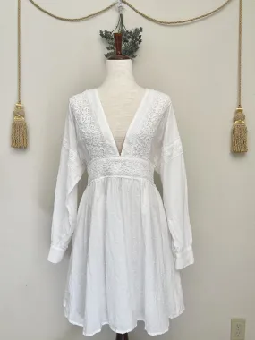 Historically Inspired White Bishop Sleeve Dress with Crochet Lace Details - Size M