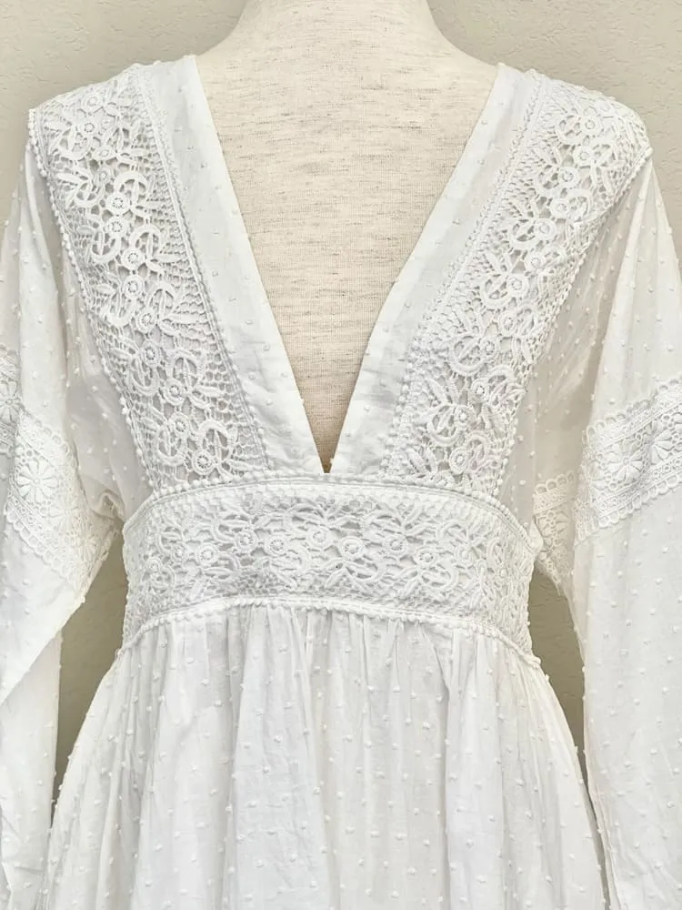 Historically Inspired White Bishop Sleeve Dress with Crochet Lace Details - Size M