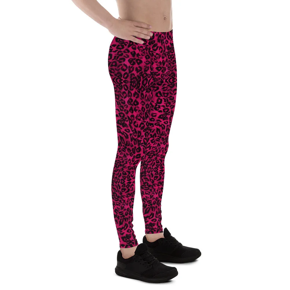 Hot Pink Leopard Meggings, Animal Print Run Tights Men's Leggings-Made in USA/EU