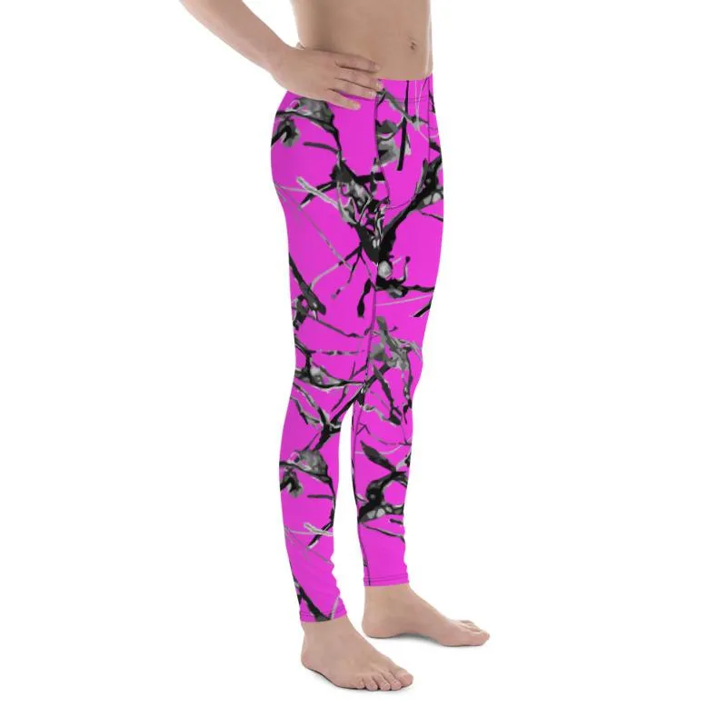 Hot Pink Marble Print Meggings, Premium Men's Leggings Gym Tights - Made in USA/EU