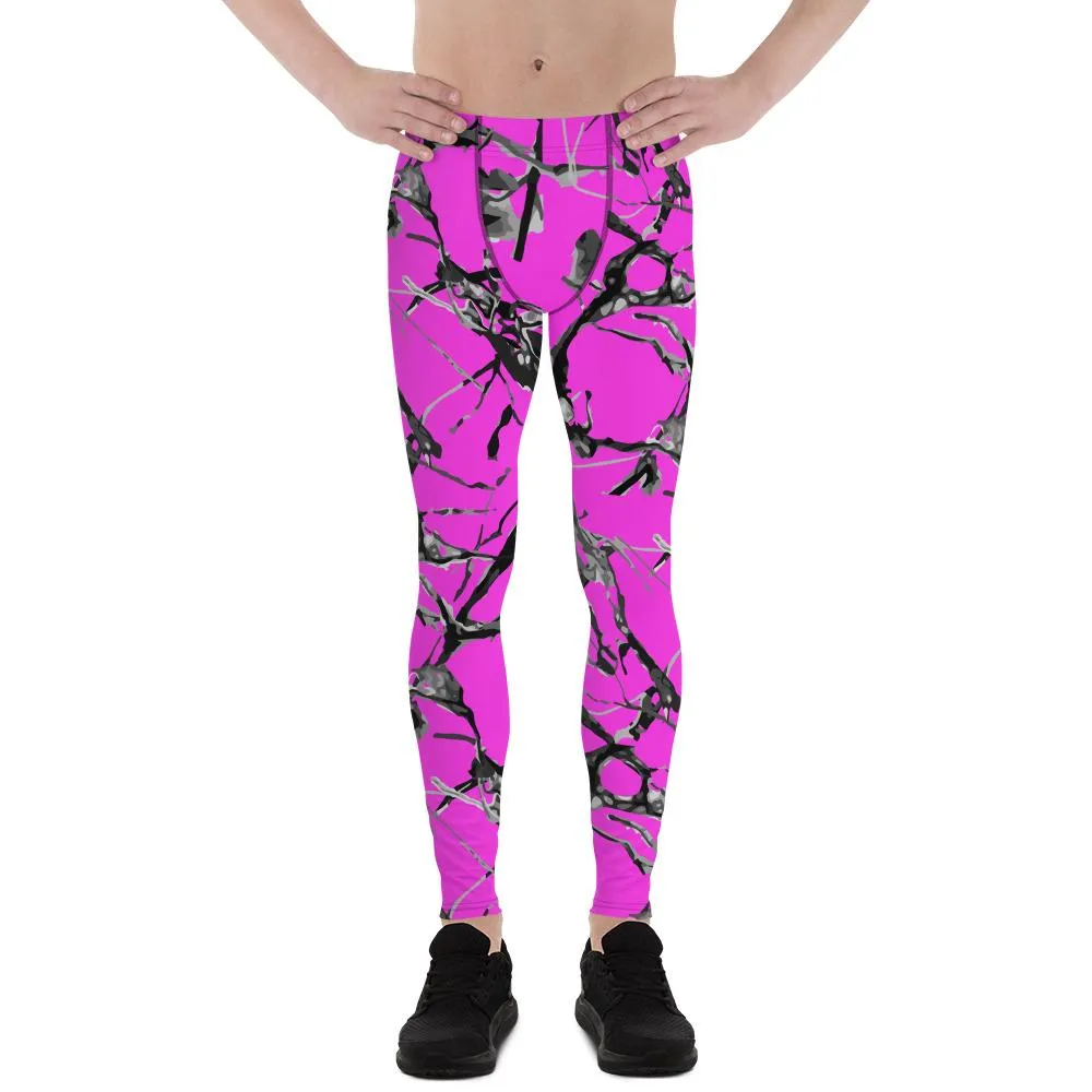 Hot Pink Marble Print Meggings, Premium Men's Leggings Gym Tights - Made in USA/EU