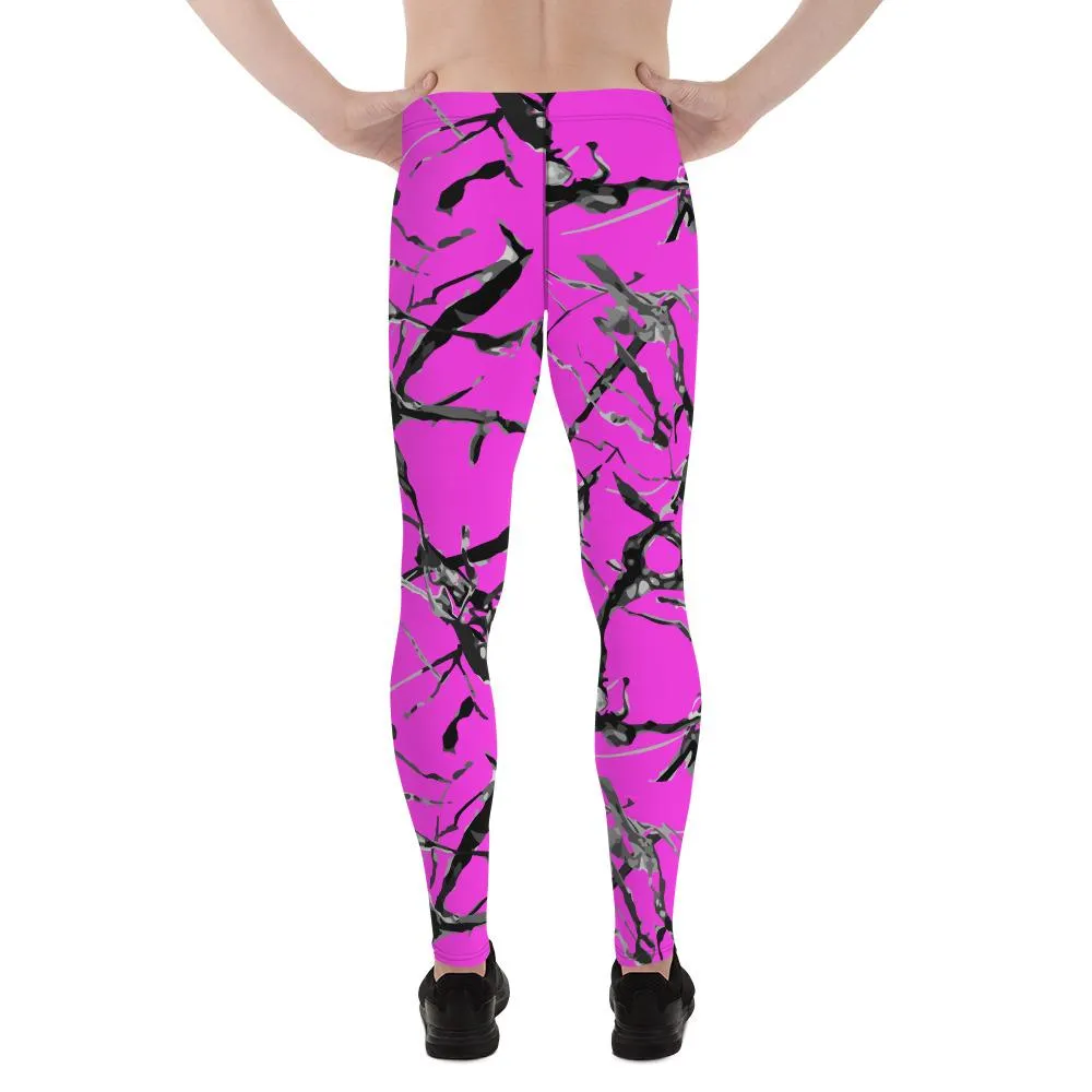 Hot Pink Marble Print Meggings, Premium Men's Leggings Gym Tights - Made in USA/EU