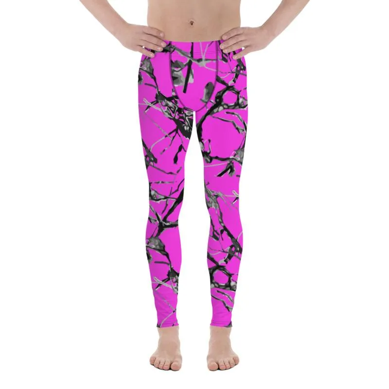 Hot Pink Marble Print Meggings, Premium Men's Leggings Gym Tights - Made in USA/EU