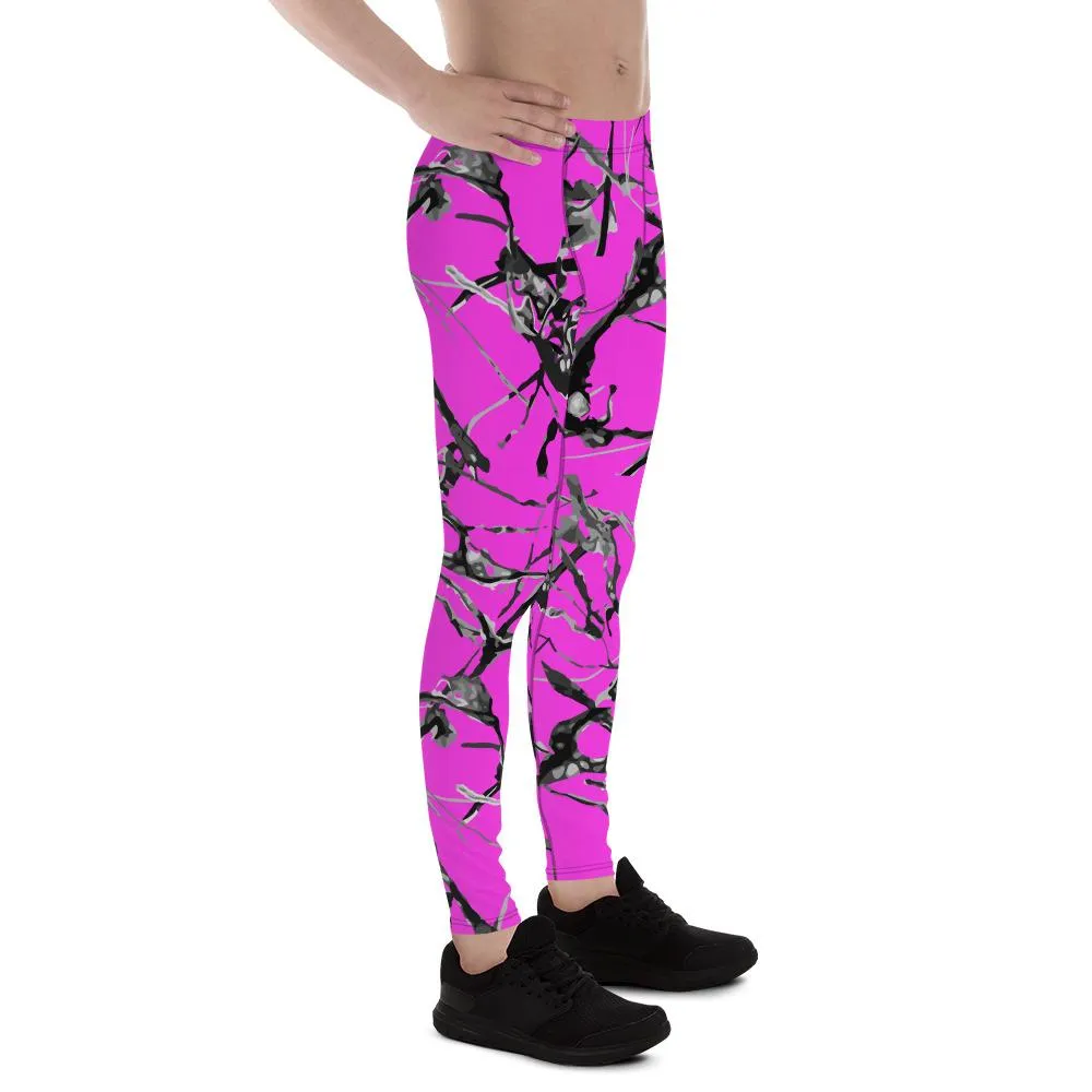 Hot Pink Marble Print Meggings, Premium Men's Leggings Gym Tights - Made in USA/EU