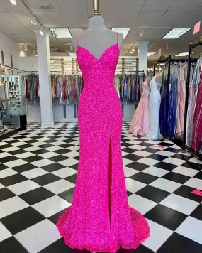 Hot Pink Straps Prom Dress With Slit