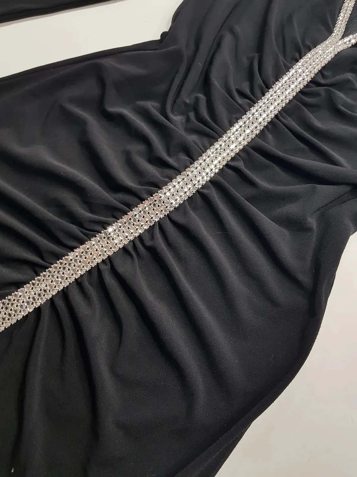 Iconic 90s Super Sexy Crystal Gown Absolutely Beautiful Silhouette & Ruching all up the front - Chunky Heavy Crystals up the entire front split of the dress right up to the shoulders - Stretch body hugging high quality fabric