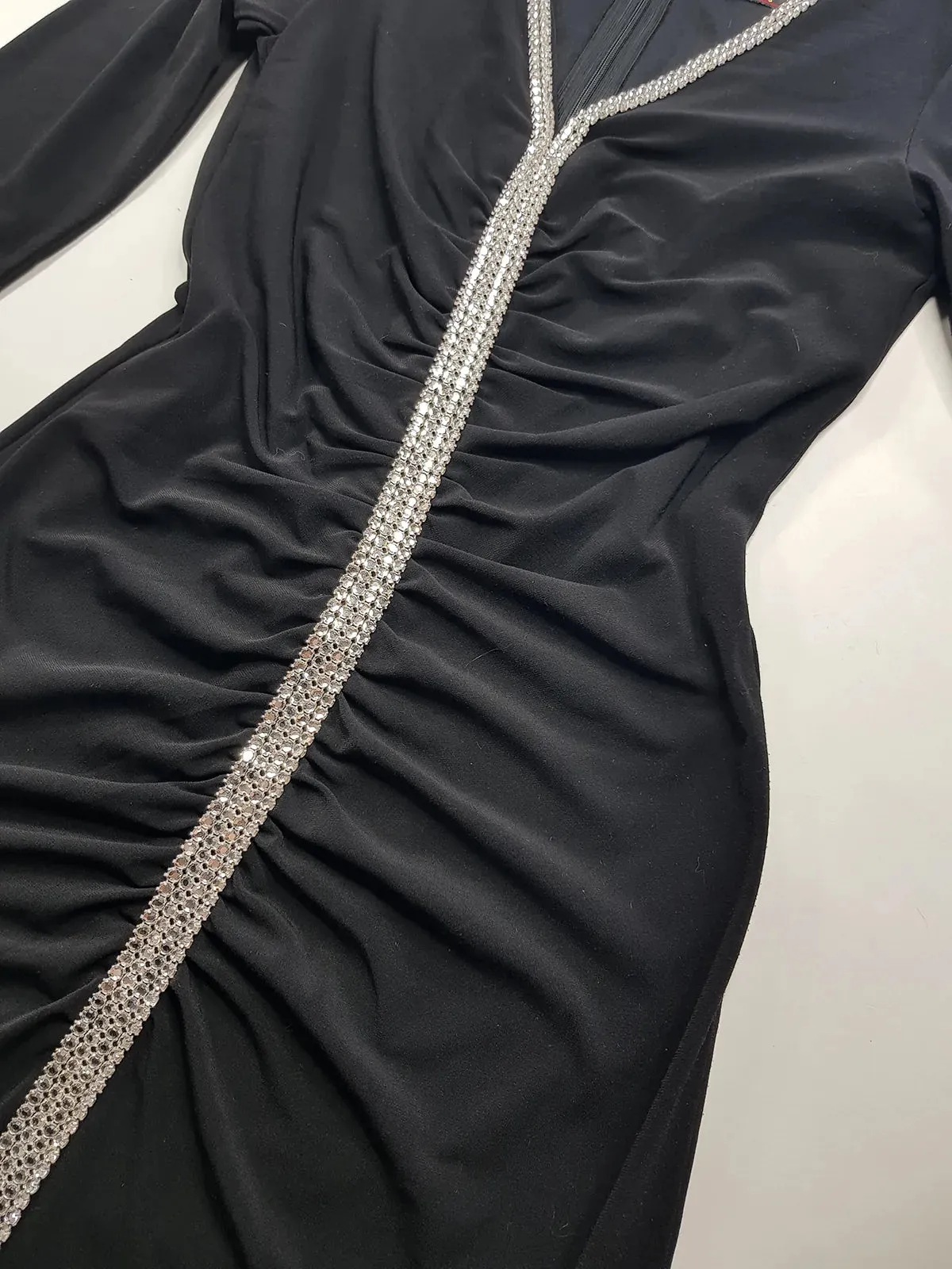 Iconic 90s Super Sexy Crystal Gown Absolutely Beautiful Silhouette & Ruching all up the front - Chunky Heavy Crystals up the entire front split of the dress right up to the shoulders - Stretch body hugging high quality fabric