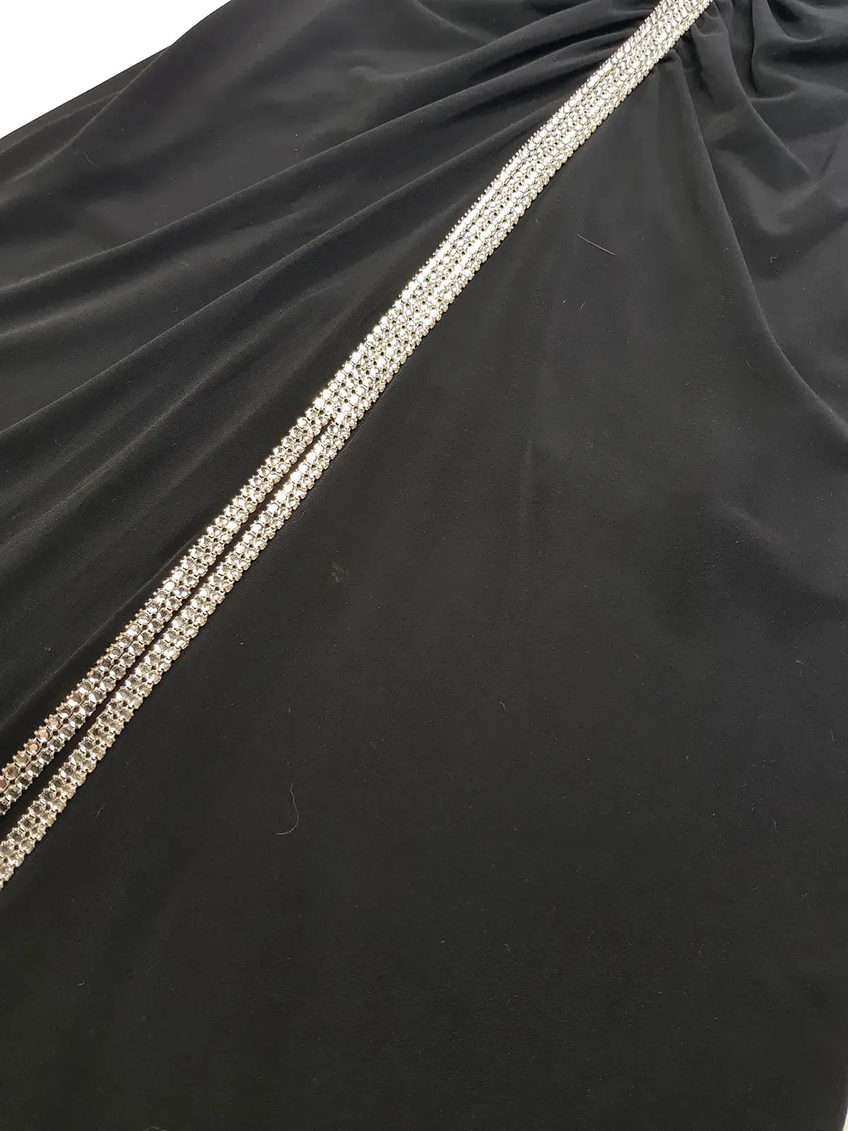 Iconic 90s Super Sexy Crystal Gown Absolutely Beautiful Silhouette & Ruching all up the front - Chunky Heavy Crystals up the entire front split of the dress right up to the shoulders - Stretch body hugging high quality fabric