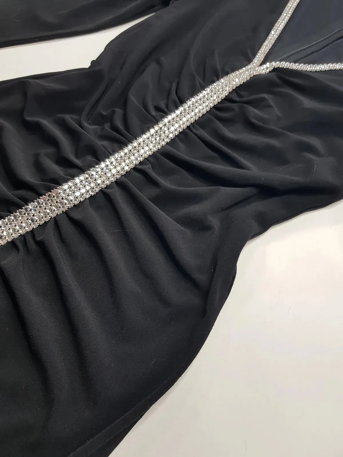 Iconic 90s Super Sexy Crystal Gown Absolutely Beautiful Silhouette & Ruching all up the front - Chunky Heavy Crystals up the entire front split of the dress right up to the shoulders - Stretch body hugging high quality fabric