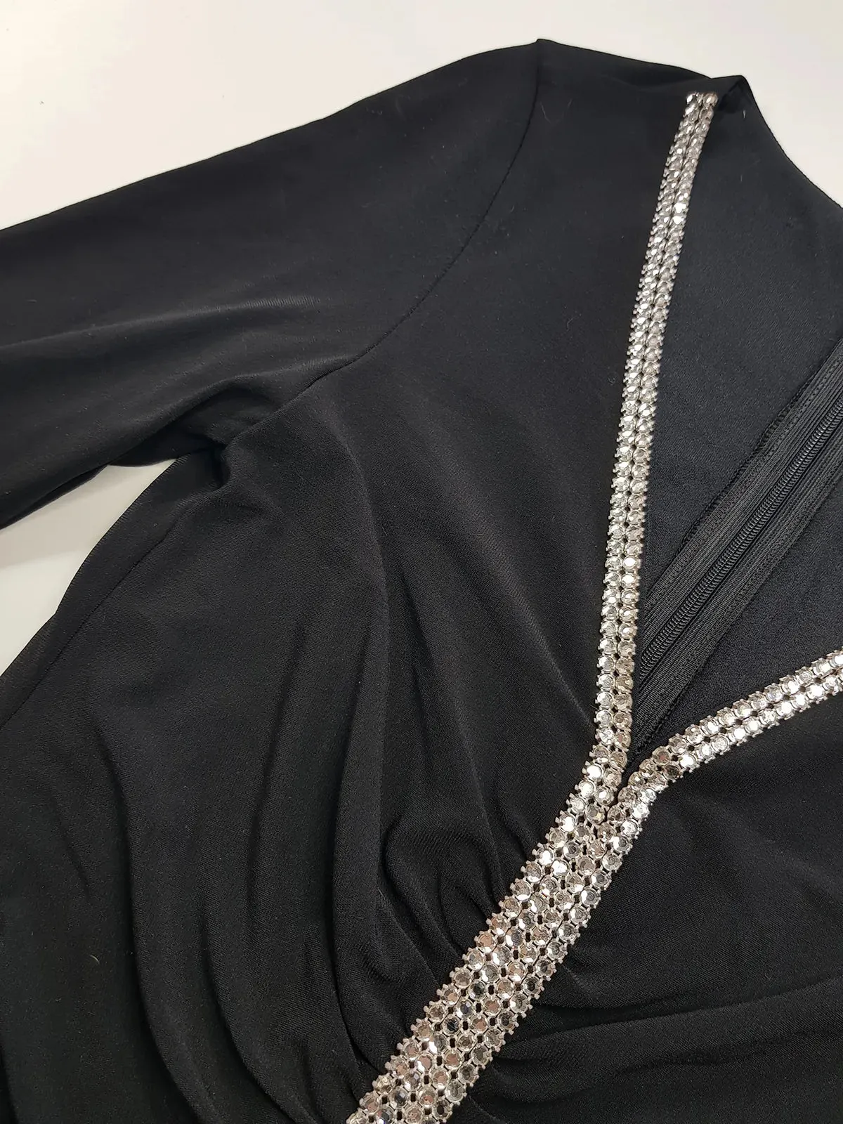 Iconic 90s Super Sexy Crystal Gown Absolutely Beautiful Silhouette & Ruching all up the front - Chunky Heavy Crystals up the entire front split of the dress right up to the shoulders - Stretch body hugging high quality fabric