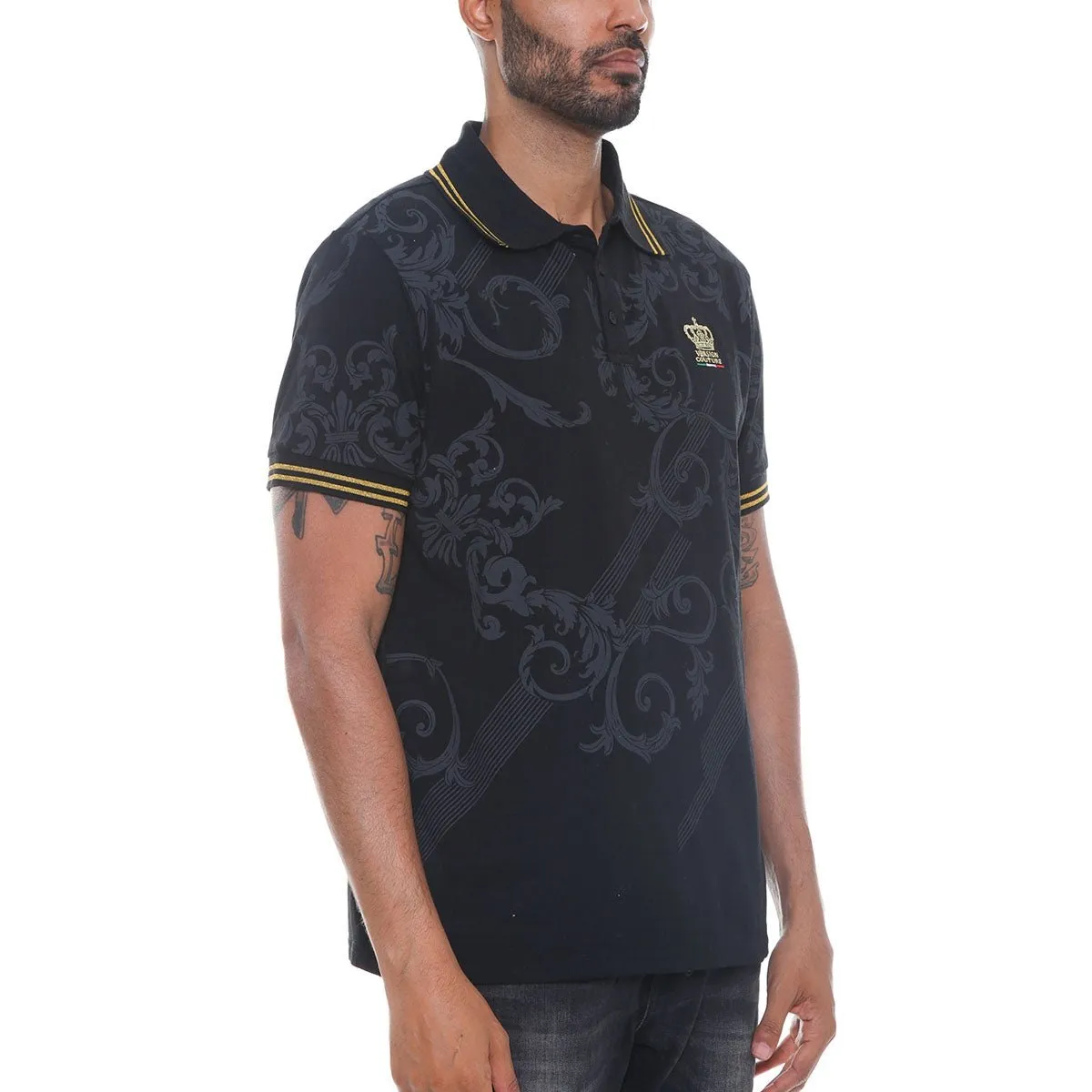 Italian Print Black Collared Polo Shirt